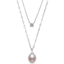 Layered necklace featuring a white pearl pendant on a decorative chain and a single diamond on a simple chain.