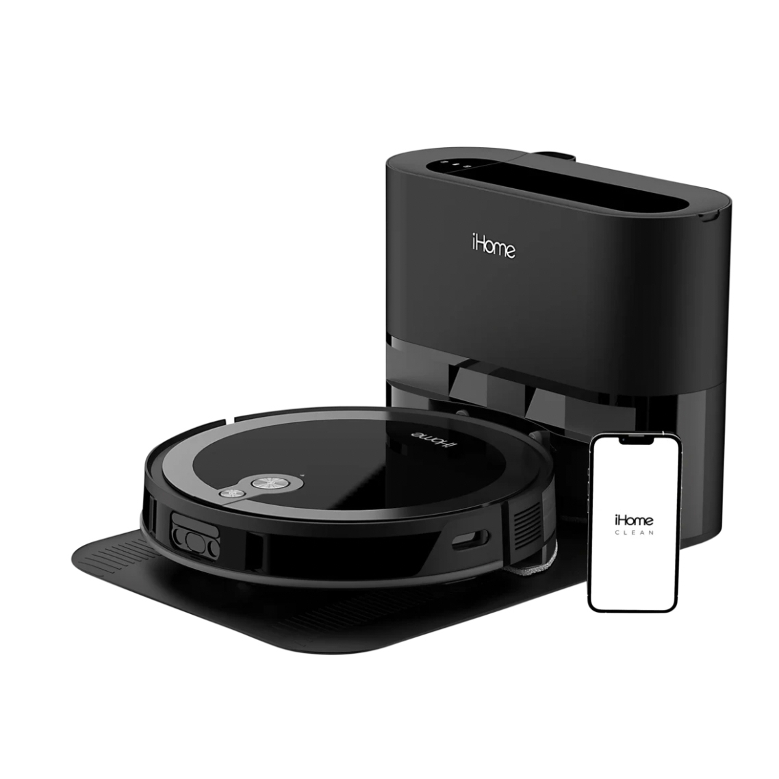 A black iHome robot vacuum and mop with a docking station, accompanied by a smartphone displaying a control app.