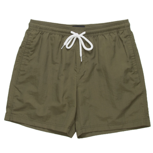 Olive green swim trunks with an elastic waistband and white drawstring.