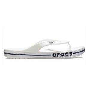 White Crocs Bayaband Flip Flops featuring a simple design with a comfortable footbed. They have a thick sole with a navy-blue stripe and the \“Crocs\“ logo on the side.