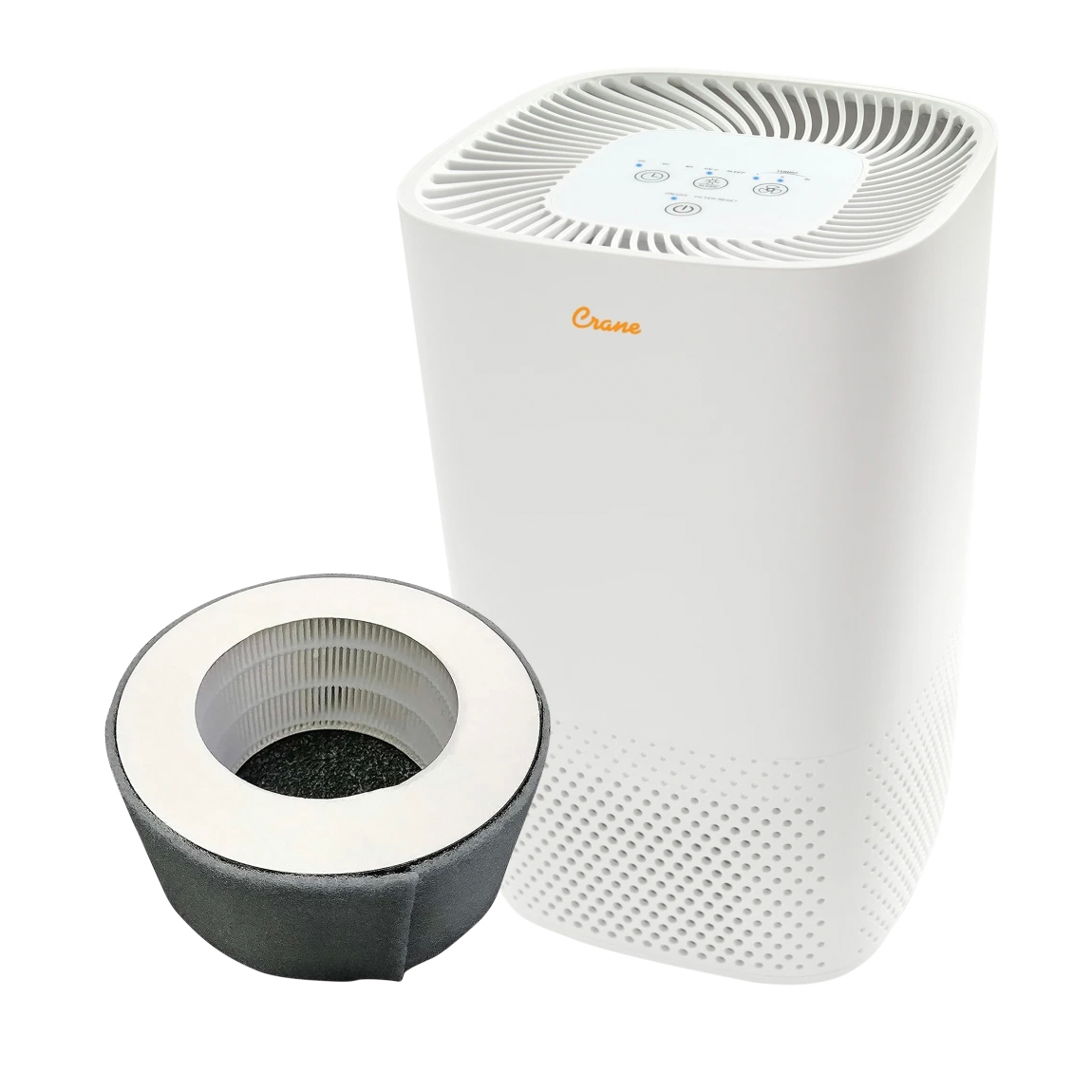 The Crane UV True HEPA Air Purifier is a compact, white air purifier featuring a cylindrical removeable filter and touch control panel on top. It is designed for effective air filtration using UV and True HEPA technologies.