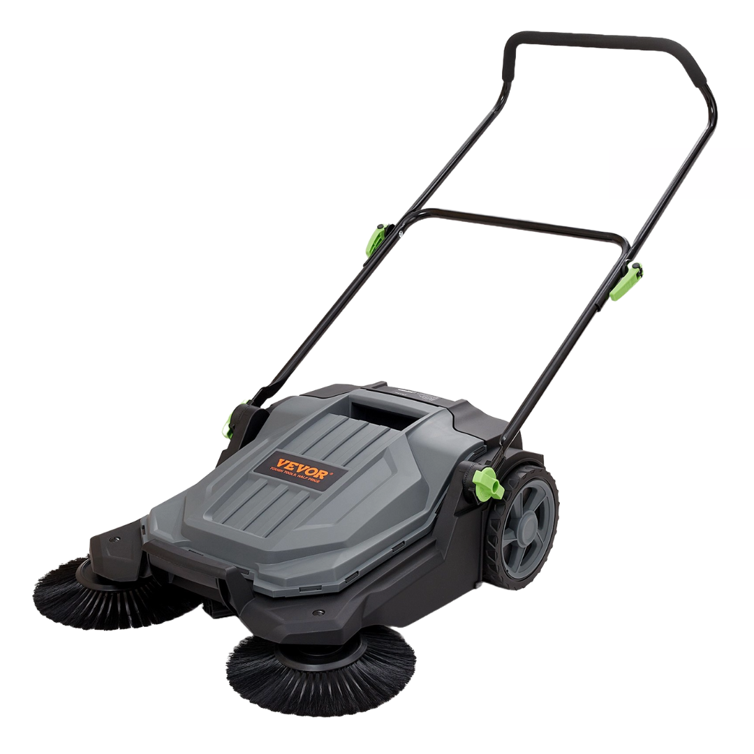 Vevor Walking Floor Sweeper features dual spinning brushes, a sturdy handle with green adjusters, and durable wheels. It's designed for efficient indoor and outdoor cleaning, collecting debris as it's pushed.