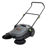 Vevor Walking Floor Sweeper features dual spinning brushes, a sturdy handle with green adjusters, and durable wheels. It's designed for efficient indoor and outdoor cleaning, collecting debris as it's pushed.