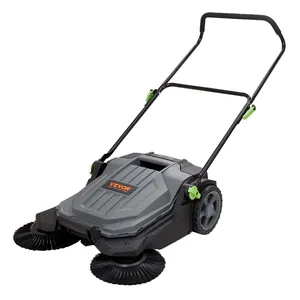 Vevor Walking Floor Sweeper features dual spinning brushes, a sturdy handle with green adjusters, and durable wheels. It's designed for efficient indoor and outdoor cleaning, collecting debris as it's pushed.