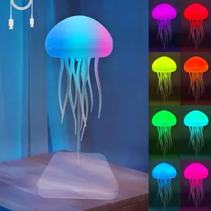 USB-powered LED jellyfish lamp with a translucent design, featuring multiple color options displayed on the side.
