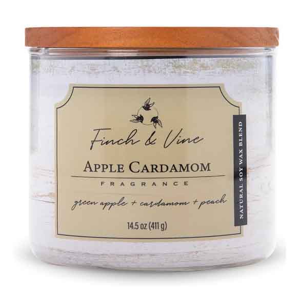 Finch & Vine Apple Cardamom candle, 14.5 oz (411 g), features a fragrance blend of green apple, cardamom, and peach, made from a natural soy wax blend with a wooden lid.