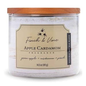 Finch & Vine Apple Cardamom candle, 14.5 oz (411 g), features a fragrance blend of green apple, cardamom, and peach, made from a natural soy wax blend with a wooden lid.