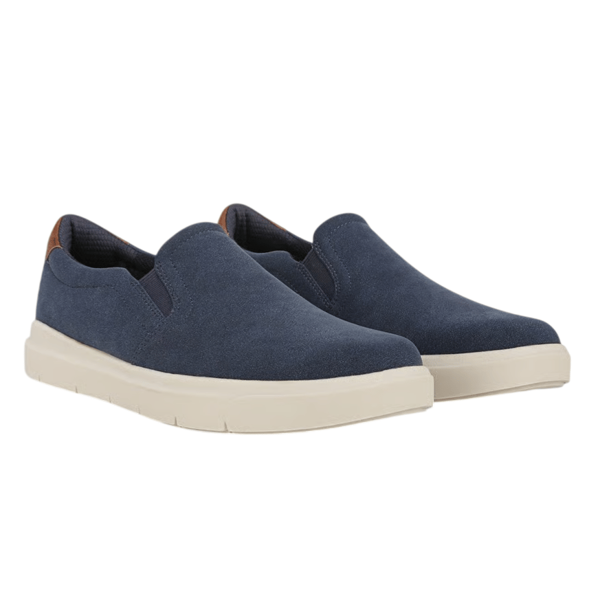 Blue slip-on shoes with a suede texture, featuring a white rubber sole and brown accents on the heel.