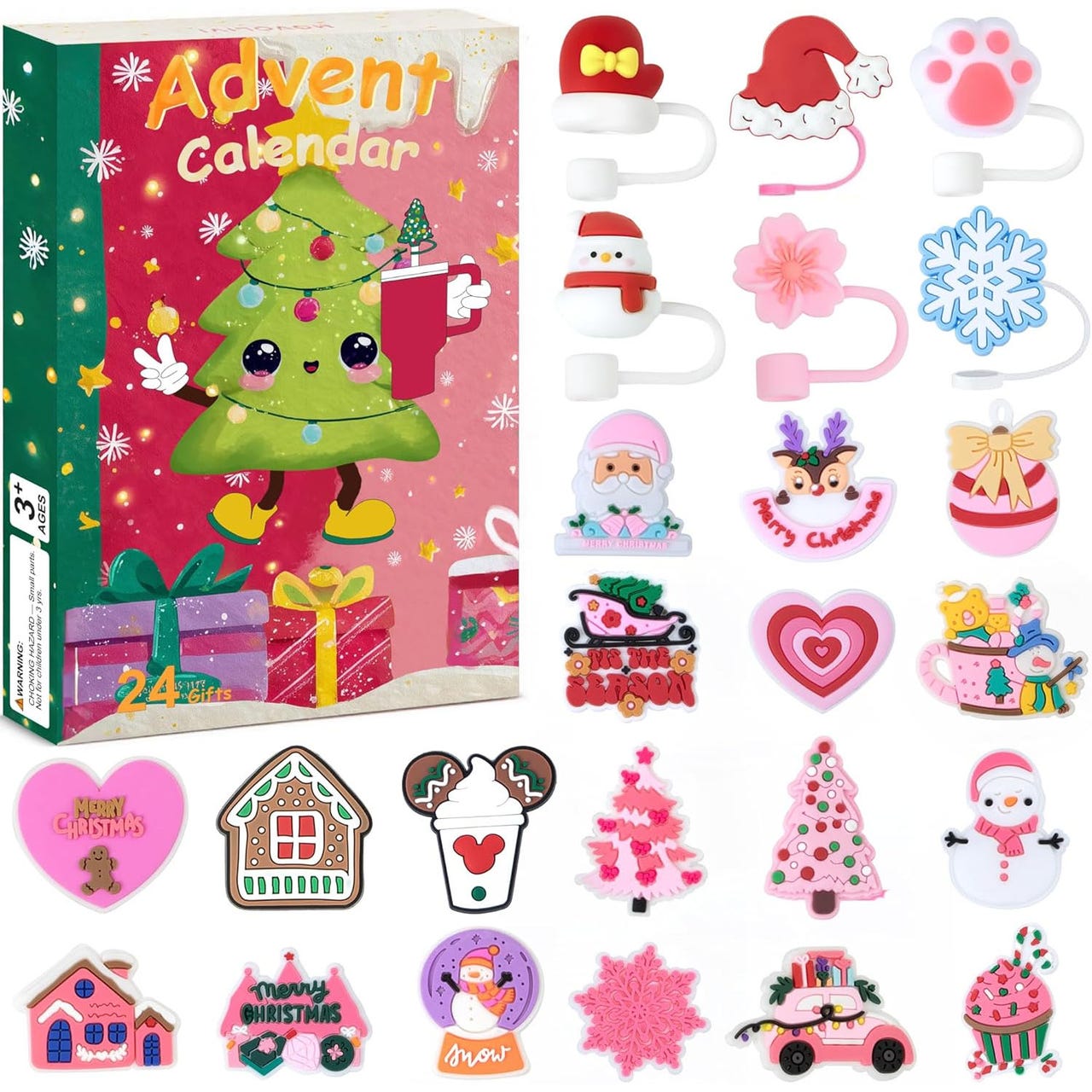 Advent calendar with 24 Christmas-themed charms, including Santa hats, snowflakes, reindeer, gingerbread houses, and festive trees. Suitable for ages 13 and up.
