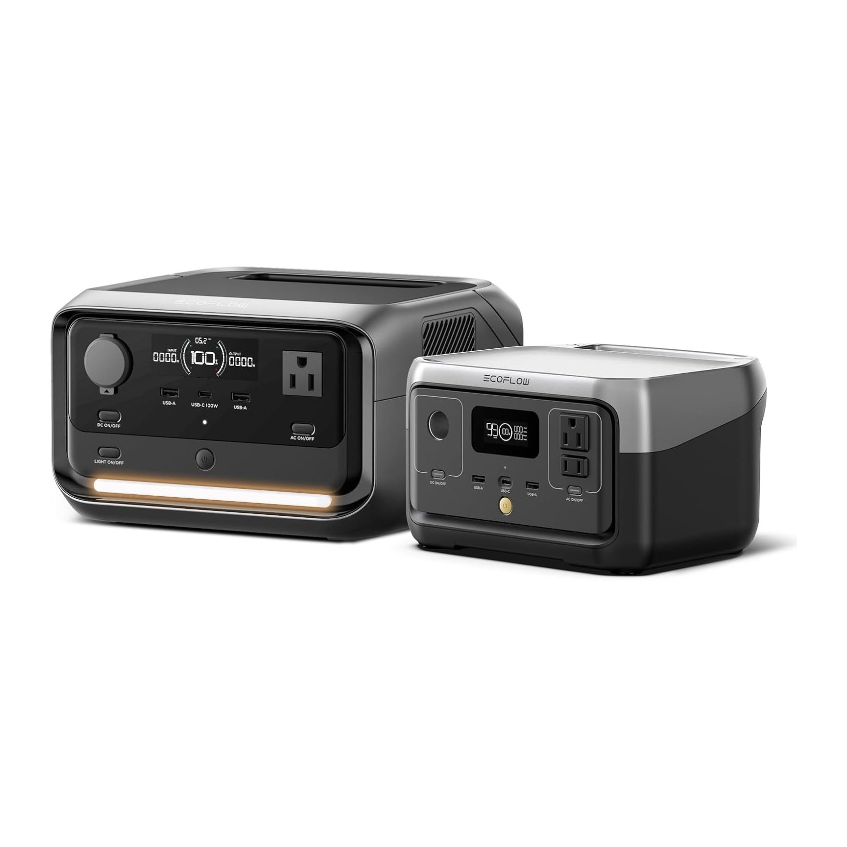 The EcoFlow Power Station Bundle includes two portable power stations, featuring multiple USB-A and USB-C ports, AC outlets, and digital displays for monitoring power usage. Ideal for outdoor use or as a backup power source.