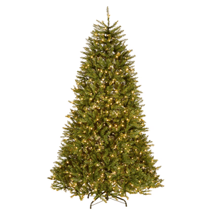 A pre-lit artificial Christmas tree with warm white lights, featuring lush green branches and a sturdy metal stand.