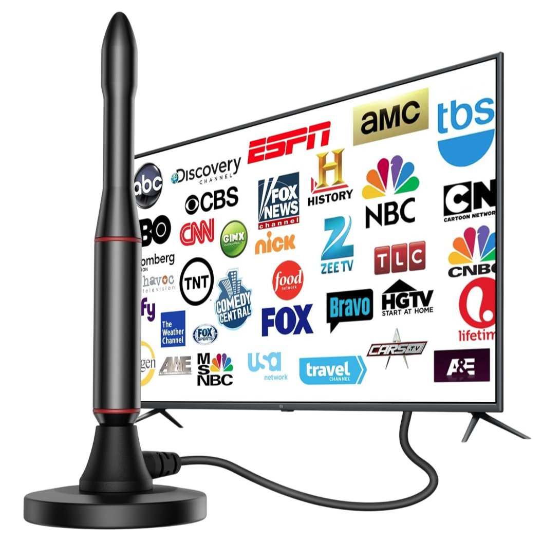 TV antenna with a base, cable, and a flat-screen TV displaying logos of various TV channels like ESPN, NBC, CNN, and Discovery Channel.