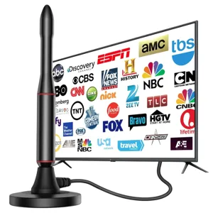 TV antenna with a base, cable, and a flat-screen TV displaying logos of various TV channels like ESPN, NBC, CNN, and Discovery Channel.