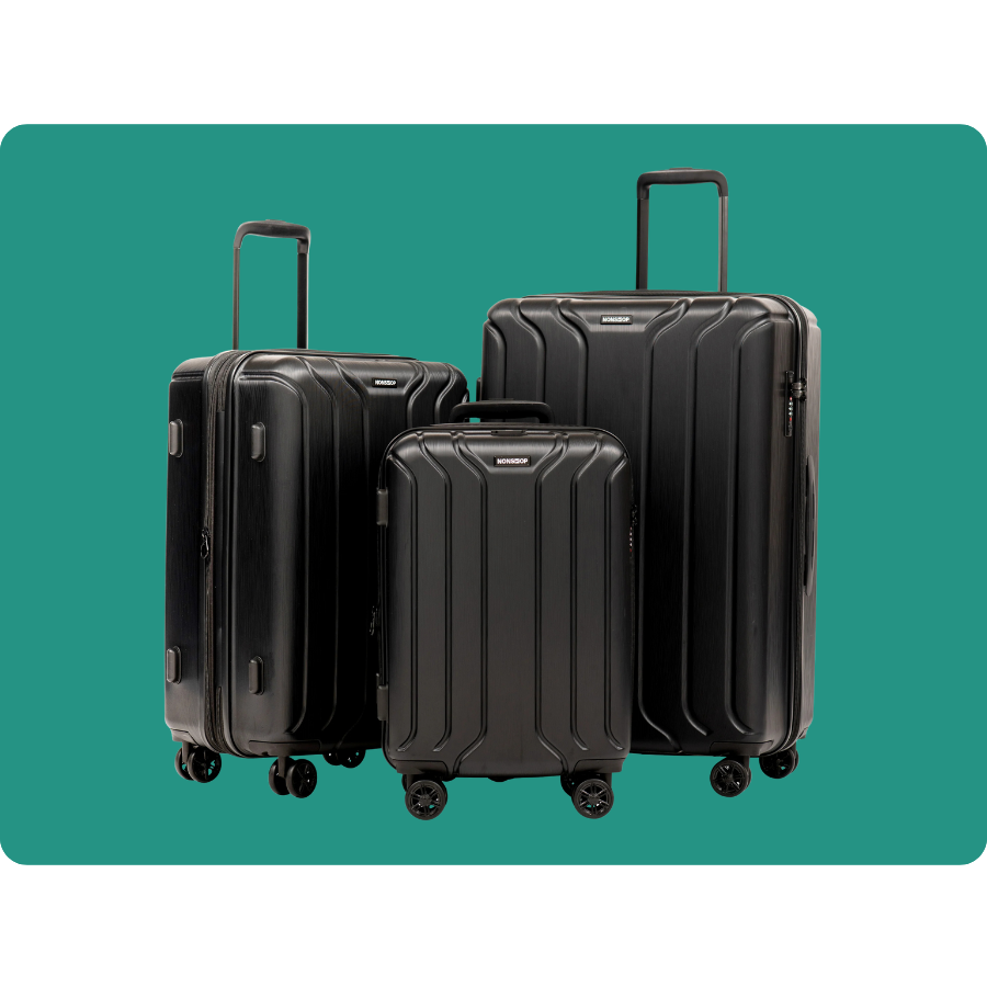 Three black rolling suitcases with extendable handles, varying in size, designed for travel.