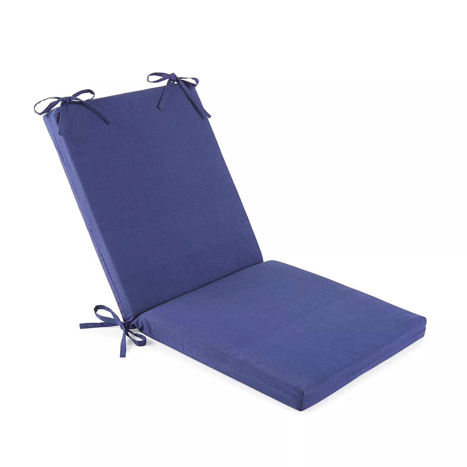 A blue outdoor chair cushion with ties at the top and bottom corners to secure it to a chair.