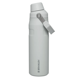 A gray Stanley water bottle with a swivel spout lid and carrying handle.