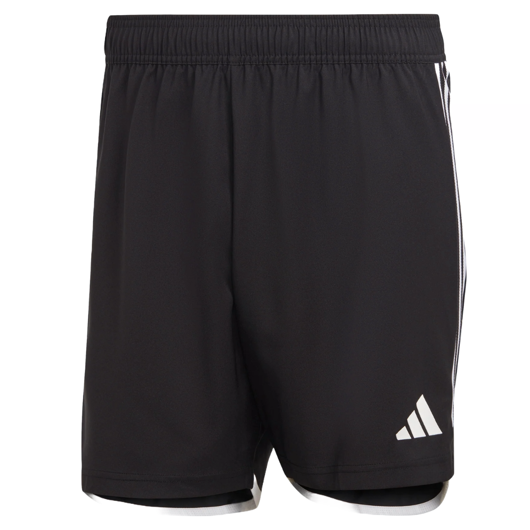 Adidas Men's Tiro 23 Shorts are black with a white Adidas logo, featuring an elastic waistband and side stripes for a sporty look.