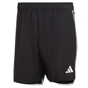 Adidas Men's Tiro 23 Shorts are black with a white Adidas logo, featuring an elastic waistband and side stripes for a sporty look.