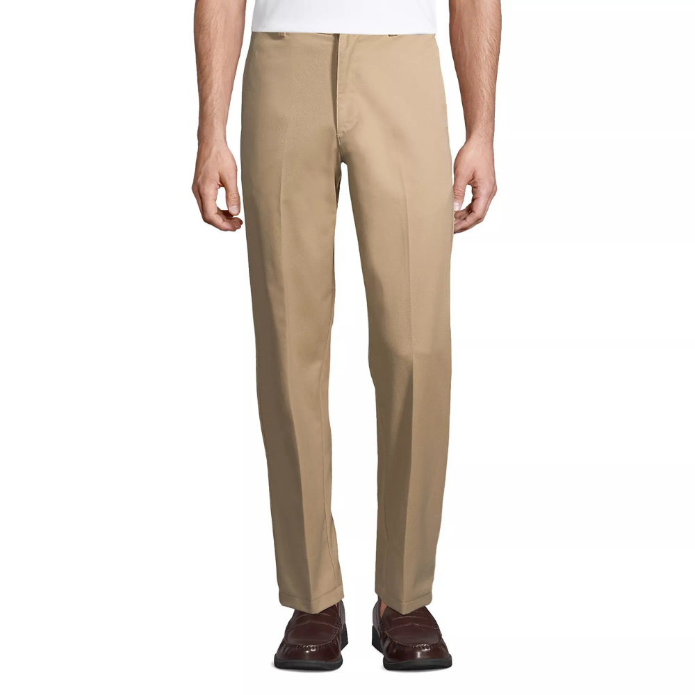Khaki dress pants worn with brown loafers.