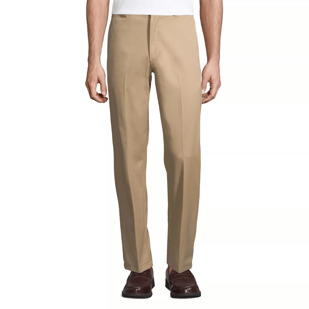 Khaki dress pants worn with brown loafers.
