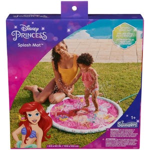 The SwimWays Disney Princess Ariel Splash Mat features a sprinkler design with a bright pink surface and Ariel graphics, suitable for ages 1+. Dimensions: ~40x40 in (102x102 cm).