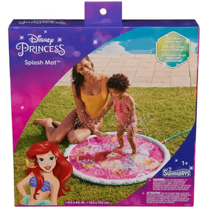 The SwimWays Disney Princess Ariel Splash Mat features a sprinkler design with a bright pink surface and Ariel graphics, suitable for ages 1+. Dimensions: ~40x40 in (102x102 cm).
