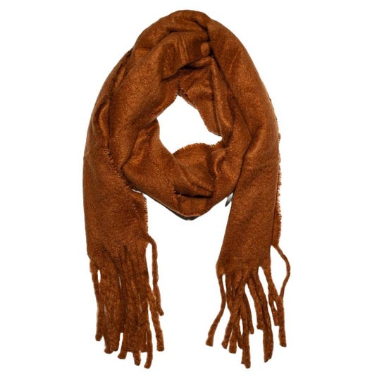 A brown scarf with fringe detailing.
