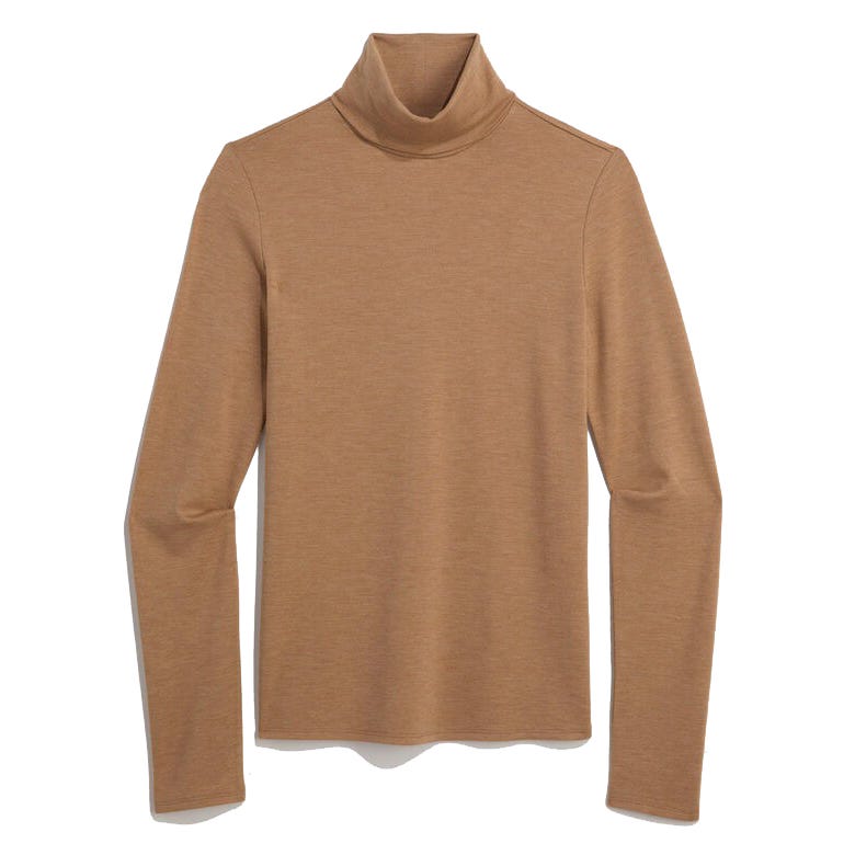 A brown long-sleeve turtleneck shirt made of lightweight fabric.