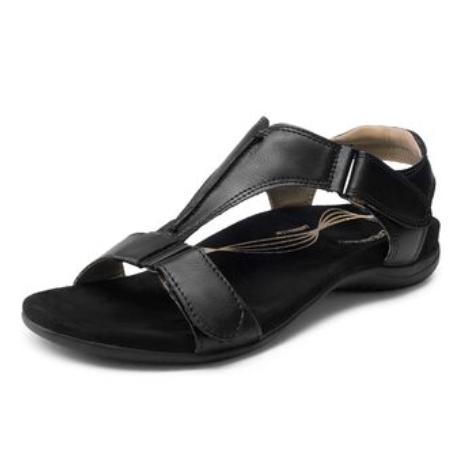 A black leather sandal with a T-strap and adjustable back strap.