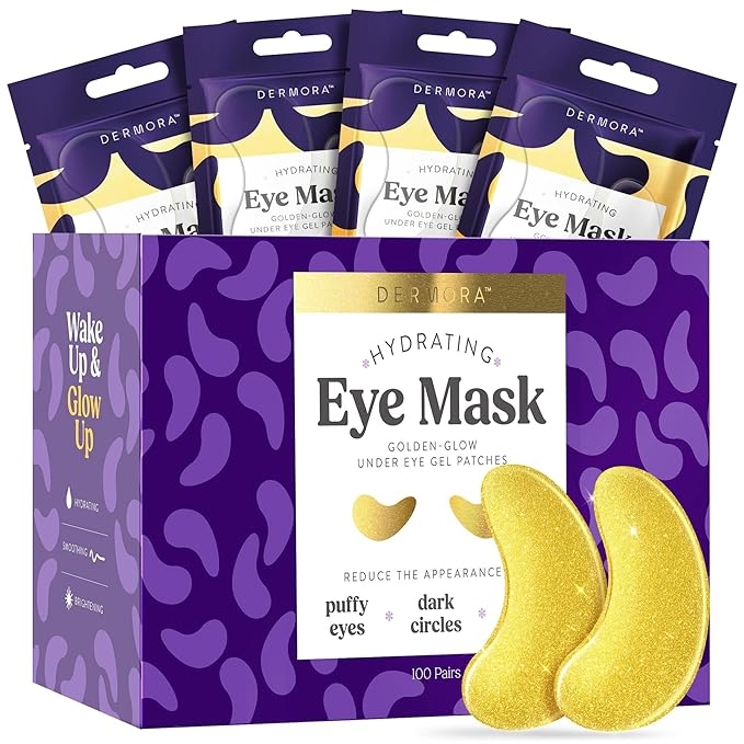 Dermora Hydrating Eye Mask, Golden-Glow Under Eye Gel Patches, 100 pairs, designed to reduce puffiness and dark circles.