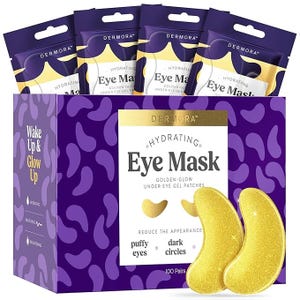 Dermora Hydrating Eye Mask, Golden-Glow Under Eye Gel Patches, 100 pairs, designed to reduce puffiness and dark circles.