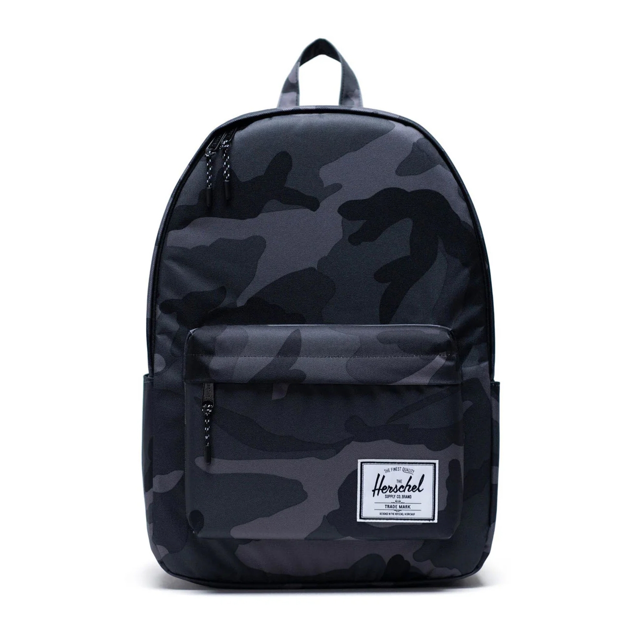 A black and dark gray camo-patterned backpack with a front zipper pocket and a small white label.