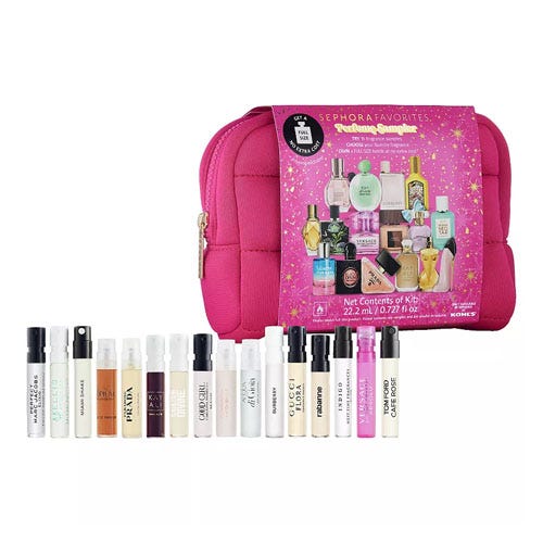 Sephora Favorites Perfume Sampler Set includes various perfume samples and comes with a pink travel pouch.