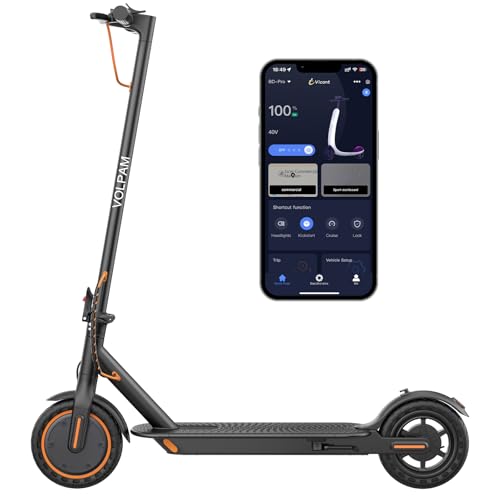 A black Volt Pa e-scooter with orange accents beside a smartphone screen showing its control app interface.