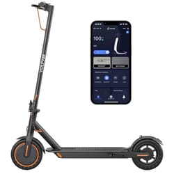 A black Volt Pa e-scooter with orange accents beside a smartphone screen showing its control app interface.