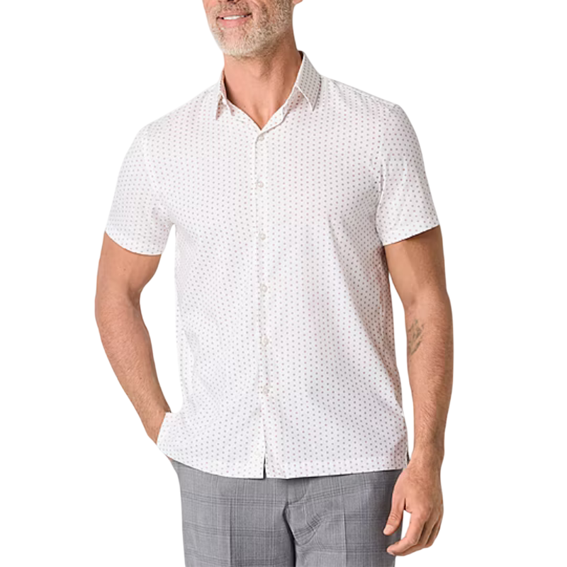 A man is wearing a white short-sleeve button-up shirt with a subtle pattern, paired with gray plaid pants.