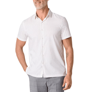 A man is wearing a white short-sleeve button-up shirt with a subtle pattern, paired with gray plaid pants.