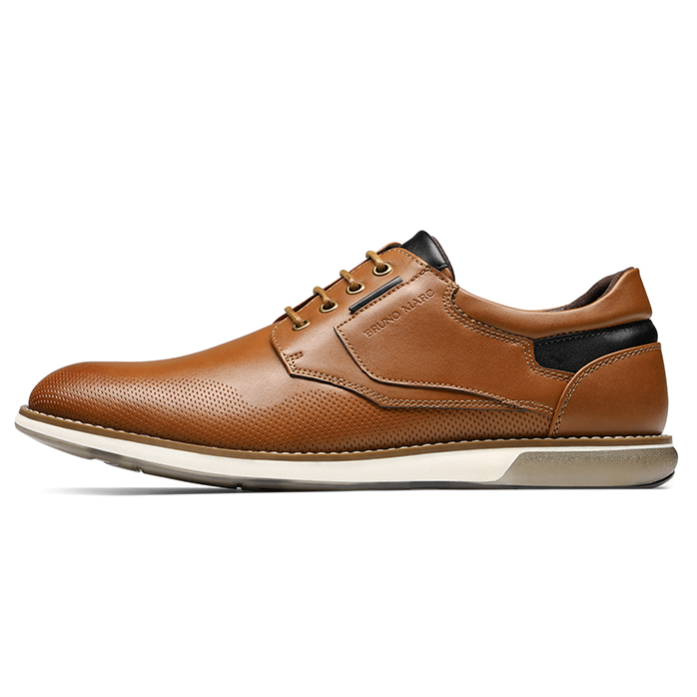 Brown leather dress shoe with perforated detailing, lace-up closure, and contrasting black accents. Features a white sole with a slight heel and visible stitching.