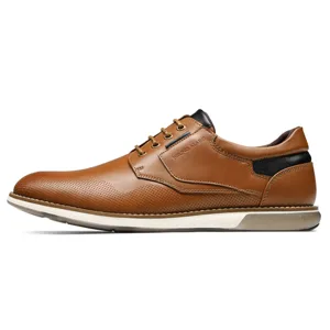 Brown leather dress shoe with perforated detailing, lace-up closure, and contrasting black accents. Features a white sole with a slight heel and visible stitching.