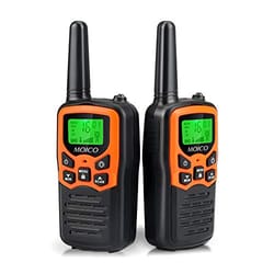 Two black and orange walkie-talkies with LCD screens display channel information and battery status, featuring multiple buttons for functions like menu and scan.