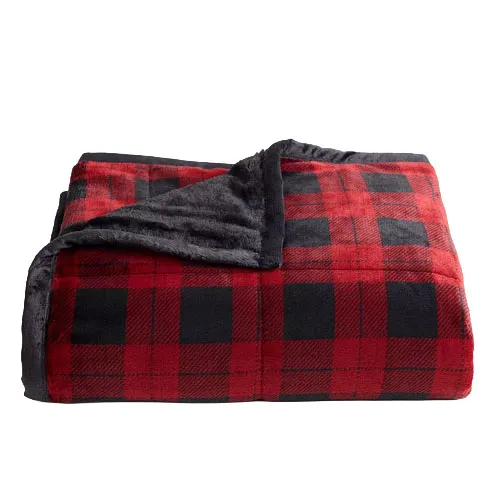 Red and black plaid blanket with a soft, dark-colored lining, folded neatly.