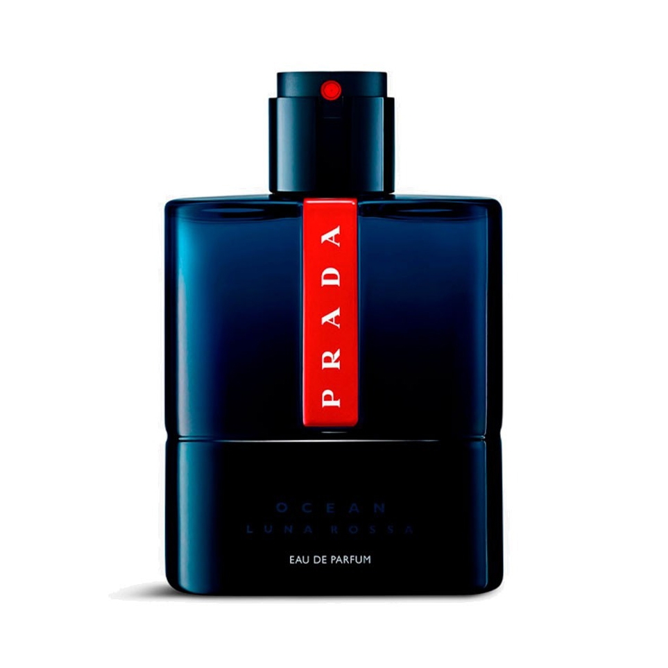 Prada Luna Rossa Ocean Eau de Parfum for men features a deep blue bottle with a red stripe. It's known for its fresh, oceanic scent profile.