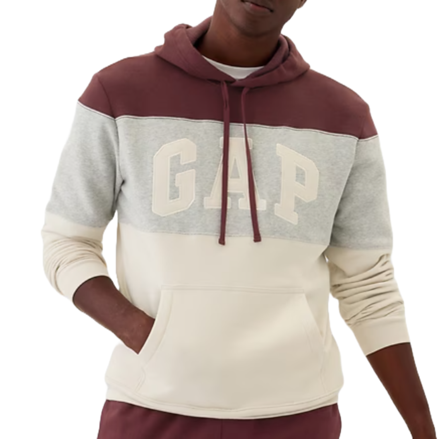 A Gap Logo Colorblock Hoodie featuring shades of maroon, gray, and cream, with \“GAP\“ in bold letters across the chest and a front kangaroo pocket.