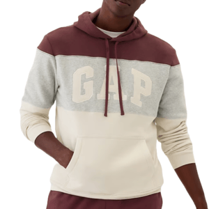 A Gap Logo Colorblock Hoodie featuring shades of maroon, gray, and cream, with \“GAP\“ in bold letters across the chest and a front kangaroo pocket.