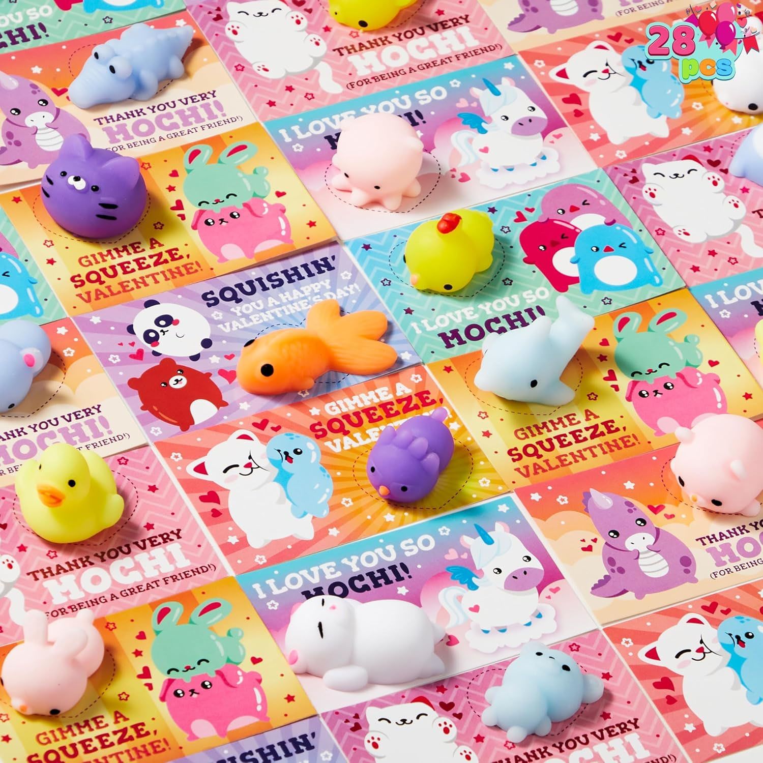 28ct Mochi Squishy Valentines feature cute, colorful squishy toys shaped like animals, paired with Valentine's Day cards that have playful messages such as \“I love you so mochi\“ and \“Gimme a squeeze, Valentine!\“