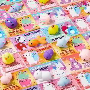 28ct Mochi Squishy Valentines feature cute, colorful squishy toys shaped like animals, paired with Valentine's Day cards that have playful messages such as \“I love you so mochi\“ and \“Gimme a squeeze, Valentine!\“
