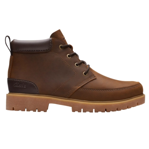 Brown leather ankle boots featuring a lace-up design, padded collar, and grooved rubber sole for traction, with subtle stitching details and a small pull tab at the back.