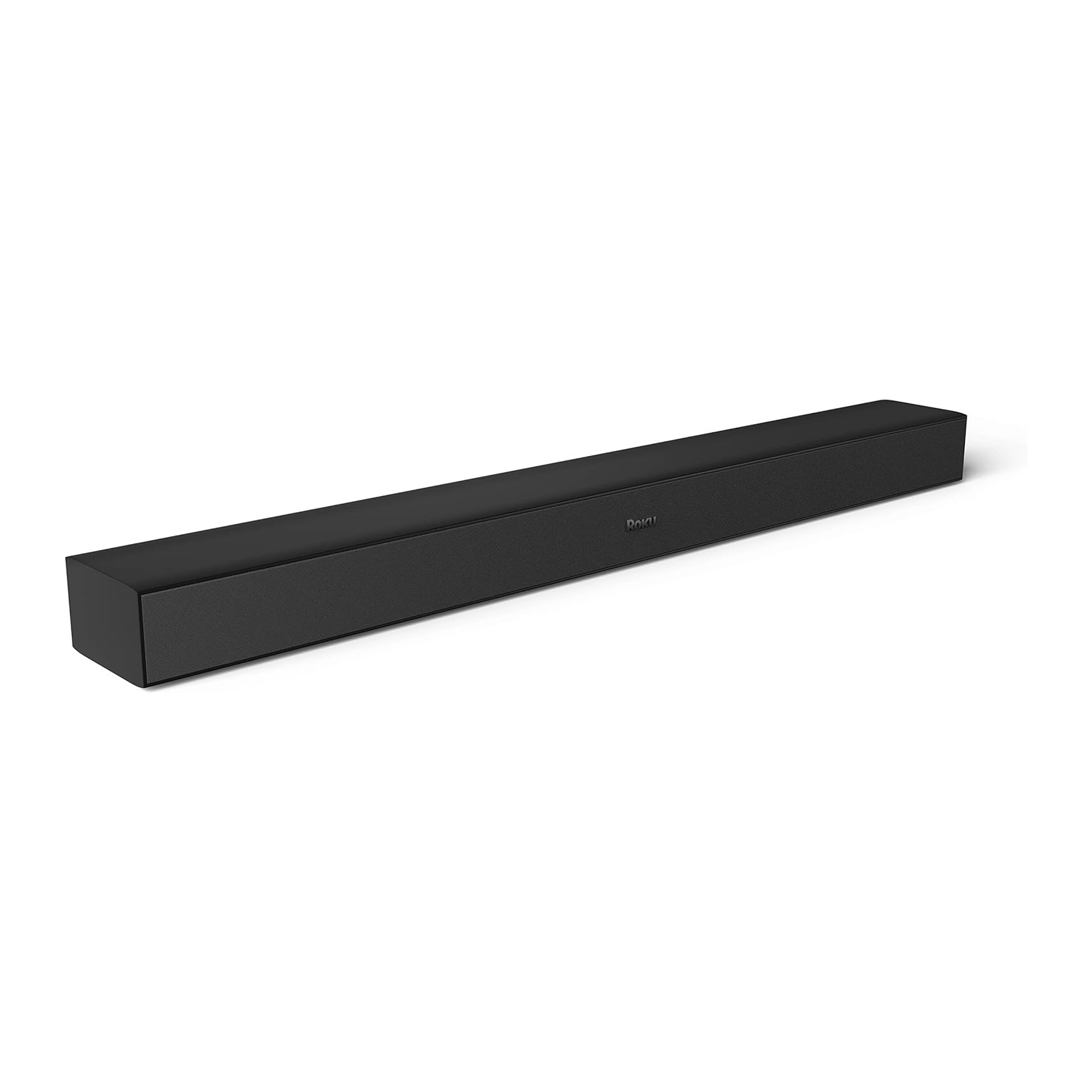 A sleek black Roku soundbar designed for enhancing TV audio quality, suitable for pairing with a subwoofer for deeper bass.