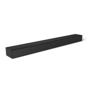 A sleek black Roku soundbar designed for enhancing TV audio quality, suitable for pairing with a subwoofer for deeper bass.