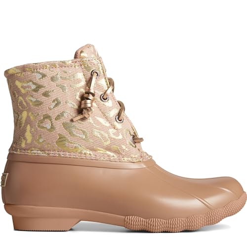 Brown rubber duck-toe boots with a lace-up front and a quilted, camo-patterned fabric upper.